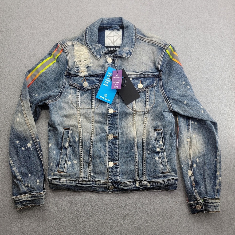 CREATE 2MRW Jacket Mens M Blue Denim Distressed Paint Splatter Reflective CS0612